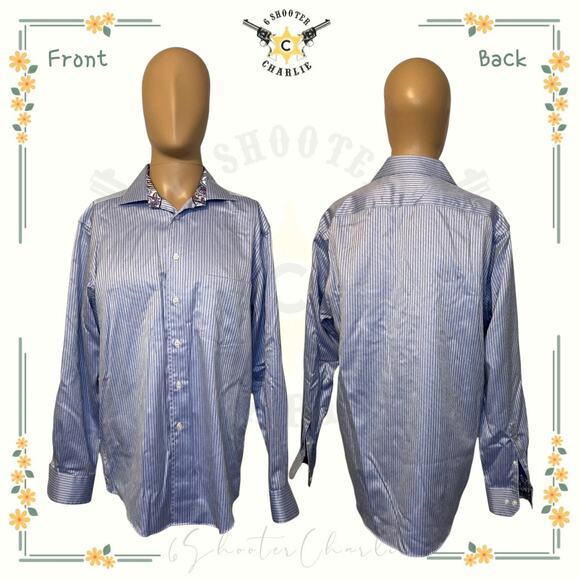 Egara Button Down Shirt Adult Mens Large Blue Stripe Non-Iron Contrast Cuff - Picture 1 of 6